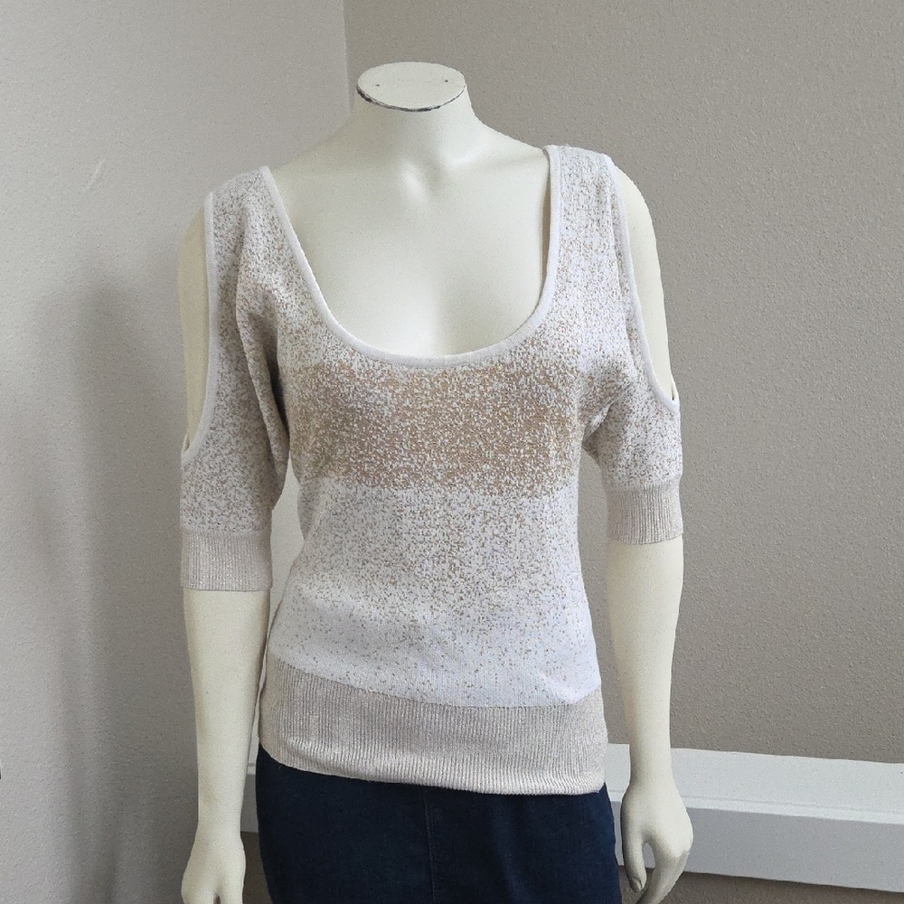 bebe Cold Shoulder Sparkly Gold and Cream Sweater